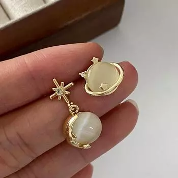 Серьги-гвоздики из натурального опала с пентаграммой «солнце и луна», женские, легкие, роскошные, высокого класса, нишевые, асимметричные