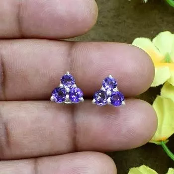Серьги-гвоздики из натурального танзанита, круглые зубчатые серьги-гвоздики