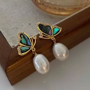 Серьги-гвоздики из натурального жемчуга Symphony Sea Shell Butterfly High Sense French Retro Light Luxury Temperament для женщин золотой