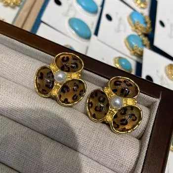 Серьги-гвоздики из натурального золота с леопардовым принтом и жемчугом из смолы, женские, осенне-зимние, ретро, легкие, роскошные, элегантные, универсальные
