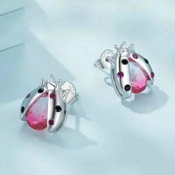 Серьги-гвоздики из розового серебра 925 пробы в виде божьей коровки Coccinella Septempunctata розовый