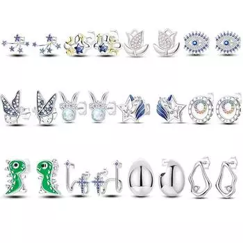 Серьги-гвоздики из серебра 925 пробы с розовым тюльпаном и синим цирконием, милые маленькие серьги со звездами для женщин, свадебные серебряные украшения белый