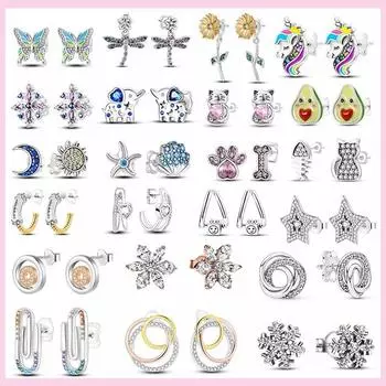 Серьги-гвоздики из серебра 925 пробы со снежинкой, бабочкой, стрекозой, авокадо, звездой, луной, кошачьей лапой, маленькие серьги для женщин, ювелирные изделия, подвески белый