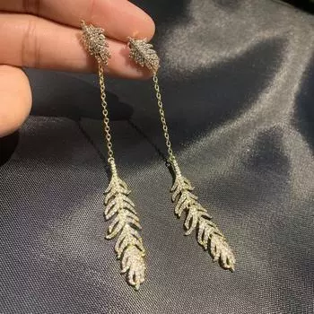 Серьги-гвоздики из серебра 925 пробы, серьги с перьями золотого цвета, популярные серьги-листья, длинные серьги-гвоздики, элегантные изысканные женские серьги золотой