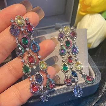 Серьги-гвоздики из серебра 925 пробы, бусины в стиле бохо, разноцветные сверкающие серьги с кубическим цирконием, длинное платье, свадебные аксессуары, подарки