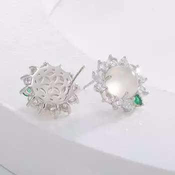 Серьги-гвоздики из серебра 925 пробы в стиле ретро с подсолнухом, натуральным белым халцедоном, женские элегантные серьги с цирконием, ювелирные изделия из агата 925 Silver белого золота