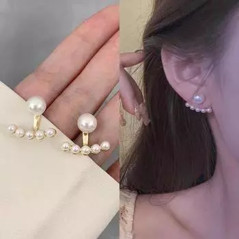 Серьги-гвоздики из серебра 925 пробы с жемчугом Dongdaemun Purchasing Fashion Temperament Серьги-гвоздики Простые висячие серьги с задней стороны для ношения в два приема золотой