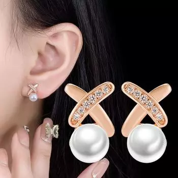 Серьги-гвоздики из серебра 925 пробы с жемчугом и маленькими перекрестными бриллиантами, простые женские серьги, дизайнерские серьги