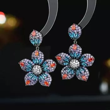 Серьги-гвоздики из серебра 925 пробы с цветным цирконием, массивные, промышленные, элегантное, темпераментное, свадебное, банкетное платье с цветочными серьгами золотой