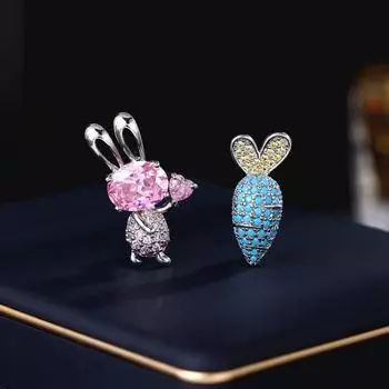 Серьги-гвоздики из серебра 925 пробы в виде кролика на новый год, милые, свежие, асимметричные, симпатичные серьги-гвоздики в виде морковного кролика
