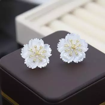 Серьги-гвоздики из серебра с белыми ракушками и цветами, модные серьги с камелией, элегантные серьги оптом 18K