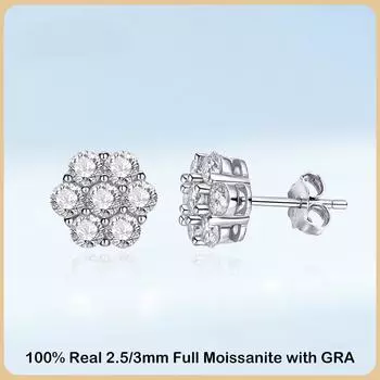 Серьги-гвоздики из стерлингового серебра 925 пробы с муассанитом, 1,4 карата, 7 камней, женские серьги с цветком для вечеринки, помолвки, изящные ювелирные серьги 3mm and 3mm