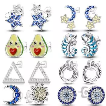 Серьги-гвоздики из стерлингового серебра 925 пробы со звездой, солнцем и луной, циркониевые серьги для маленьких девочек, женские украшения, подарок