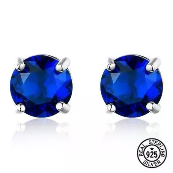 Серьги-гвоздики из стерлингового серебра 925 пробы, круглые серьги-гвоздики с синим сапфиром для женщин, классические ювелирные изделия