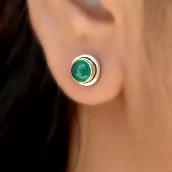 Серьги-гвоздики из стерлингового серебра 925 пробы с зеленым ониксом, ювелирные изделия из драгоценных камней ручной работы для женщин зелёный
