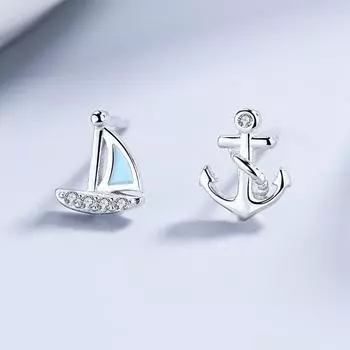 Серьги-гвоздики из стерлингового серебра 925 пробы с лодочкой и якорем, простые индивидуальные мужские и женские модные студенческие антиаллергенные серьги, серьги 925