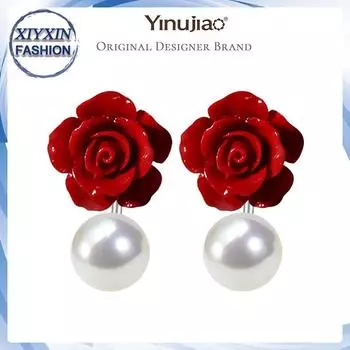 Серьги-гвоздики из стерлингового серебра 925 пробы с синтетическим кораллом и черным жемчугом чёрный