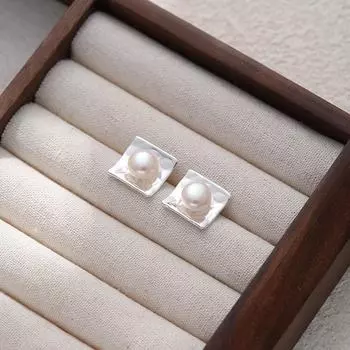 Серьги-гвоздики из стерлингового серебра 925 пробы с квадратным пресноводным жемчугом, матовые, женские геометрические легкие роскошные модные серьги в стиле меньшинств серебряный