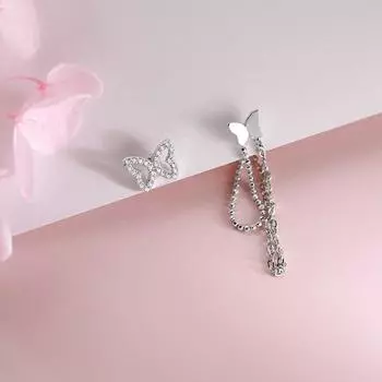 Серьги-гвоздики из стерлингового серебра 925 пробы с асимметричной кисточкой и кристаллами-бабочками для женщин, вечерние украшения, аксессуары-пендиенты Eh1649