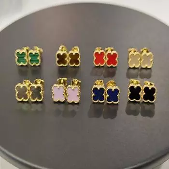 Серьги-гвоздики из стерлингового серебра 925 пробы с четырьмя цветочными листьями, 14-каратное золото, 7 мм, тигровый глаз белый