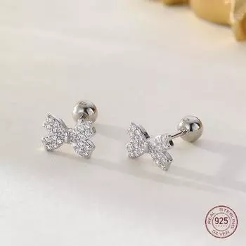 Серьги-гвоздики из стерлингового серебра 925 пробы с бантом и сверкающим цирконием для девочек, элегантные маленькие серьги в корейском стиле, женские роскошные ювелирные изделия
