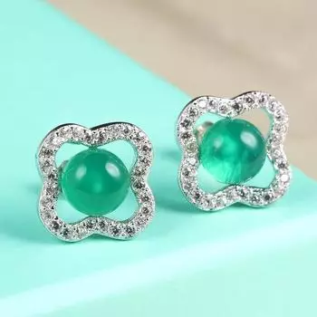 Серьги-гвоздики из стерлингового серебра 925 пробы с халцедоном, модные красивые серьги, серьги-гвоздики с четырехлистным клевером, тонко инкрустированные 925