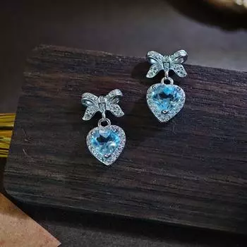 Серьги-гвоздики из стерлингового серебра 925 пробы с легким роскошным дизайном в виде бабочки, милые женские серьги с топазом в форме сердца синий