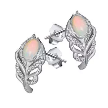 Серьги-гвоздики из стерлингового серебра 925 пробы с натуральным опалом и полыми золотыми перьями и бриллиантами 925