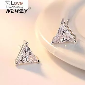 Серьги-гвоздики из стерлингового серебра 925 пробы, высококачественные женские модные ювелирные изделия, ретро-серьги с простым треугольным кристаллом и цирконием