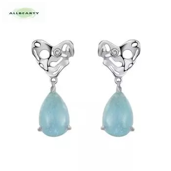 Серьги-гвоздики из стерлингового серебра 925 пробы, небесно-голубые аквамариновые драгоценные камни, золотые серьги в форме сердца 925