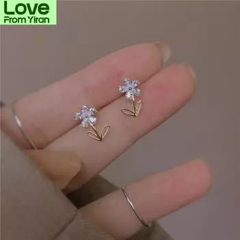 Серьги-гвоздики из стерлингового серебра 925 пробы с простым корейским кристаллом и цветочным покрытием из 14-каратного золота для женщин, модные классические ювелирные изделия для свадебного подарка золотой