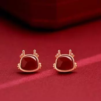 Серьги-гвоздики из стерлингового серебра 925 пробы Lucky Dragon с красным агатом, женские серьги-гвоздики по китайскому зодиаку, год рождения, национальный модный стиль 925