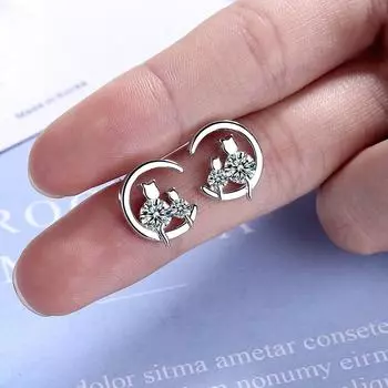Серьги-гвоздики из стерлингового серебра 925 пробы с лунным котом, блестящие серьги-гвоздики из циркония для женщин, подарки для девушек S-E910