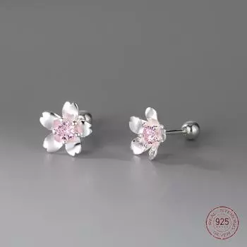 Серьги-гвоздики из стерлингового серебра 925 пробы с розовым цветком сакуры для девочек, изысканные серьги-гвоздики с цветком вишни, женские украшения для пирсинга