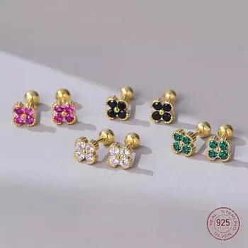 Серьги-гвоздики из стерлингового серебра 925 пробы с четырьмя цветочными листьями для женщин, трендовые серьги-гвоздики с инкрустацией из циркония в виде растений для пирсинга в 2023 году