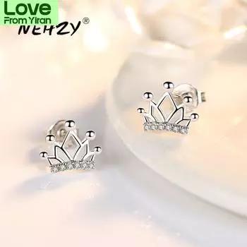 Серьги-гвоздики из стерлингового серебра 925 пробы Nehzy, высококачественные женские модные украшения, новые простые серьги с короной и кристаллами из циркония