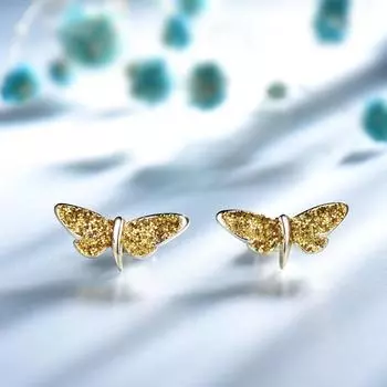 Серьги-гвоздики из стерлингового серебра 925 пробы с желтыми пайетками и не тускнеющими бабочками жёлтый