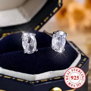 Серьги-гвоздики из стерлингового серебра 925 пробы с овальной огранкой и цирконием для женщин, простые украшения для свадебной вечеринки серебряный