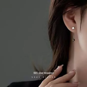 Серьги-гвоздики из стерлингового серебра 925 пробы с бриллиантами, цирконами, черной бусиной и короткой цепочкой-косточкой в стиле хип-хоп ES2075