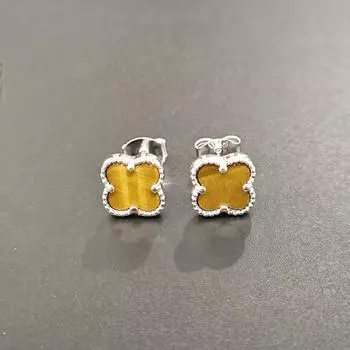 Серьги-гвоздики из стерлингового серебра 925 пробы с четырьмя листьями и цветком, 7 мм, платиновые серьги с тигровым глазом коричневый