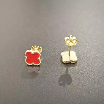 Серьги-гвоздики из стерлингового серебра 925 пробы с четырьмя листами клевера, позолоченные серьги с красной бирюзой красный
