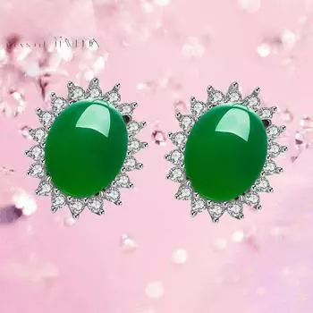 Серьги-гвоздики из стерлингового серебра S925 с инкрустацией из бриллиантов и зеленым халцедоном, элегантные женские серьги-гвоздики 925