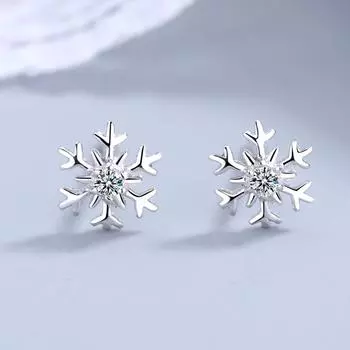 Серьги-гвоздики из стерлингового серебра S925 со снежинками и бриллиантами. Простые темпераментные универсальные рождественские серьги. 925