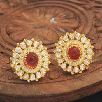 Серьги-гвоздики из стерлингового серебра с позолотой и рубинами и кундан-польки