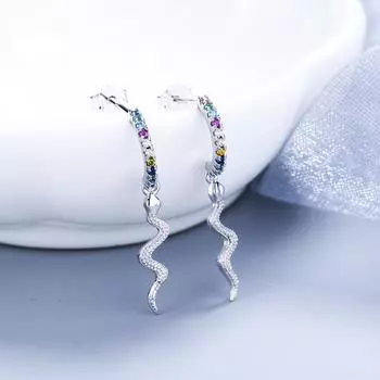 Серьги-гвоздики из стерлингового серебра с индивидуальными цветными кристаллами и бриллиантами в форме змеи, серьги-капли для женщин, модные трендовые серьги-кольца 925