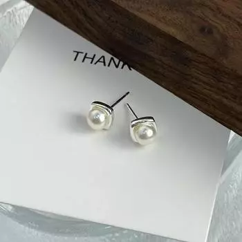 Серьги-гвоздики из стерлингового серебра с квадратным жемчугом S925 в корейском стиле, простые, элегантные, симпатичные, с сердечком для девушки 925