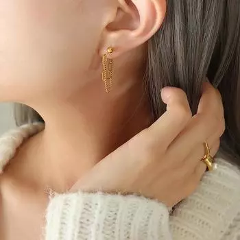 Серьги-гвоздики из титановой стали с позолотой в виде двойной цепочки с кисточками в холодном стиле F317