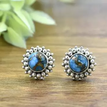 Серьги-гвоздики из твердого серебра 925 пробы, серьги-гвоздики из синей меди и бирюзы, дизайнерские серьги-гвоздики, подарок для нее, гвоздики с драгоценными камнями, подарок на день рождения