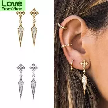 Серьги-гвоздики из золота и серебра для женщин, винтажные, с фианитами и цирконами, необычные, длинные, серьги-подвески, ювелирные изделия, серьги для девочек, оптовая продажа золотой