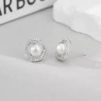 Серьги-гвоздики «Камелия» из стерлингового серебра 925 пробы с натуральным жемчугом — универсальные и элегантные 925 Silver белого золота